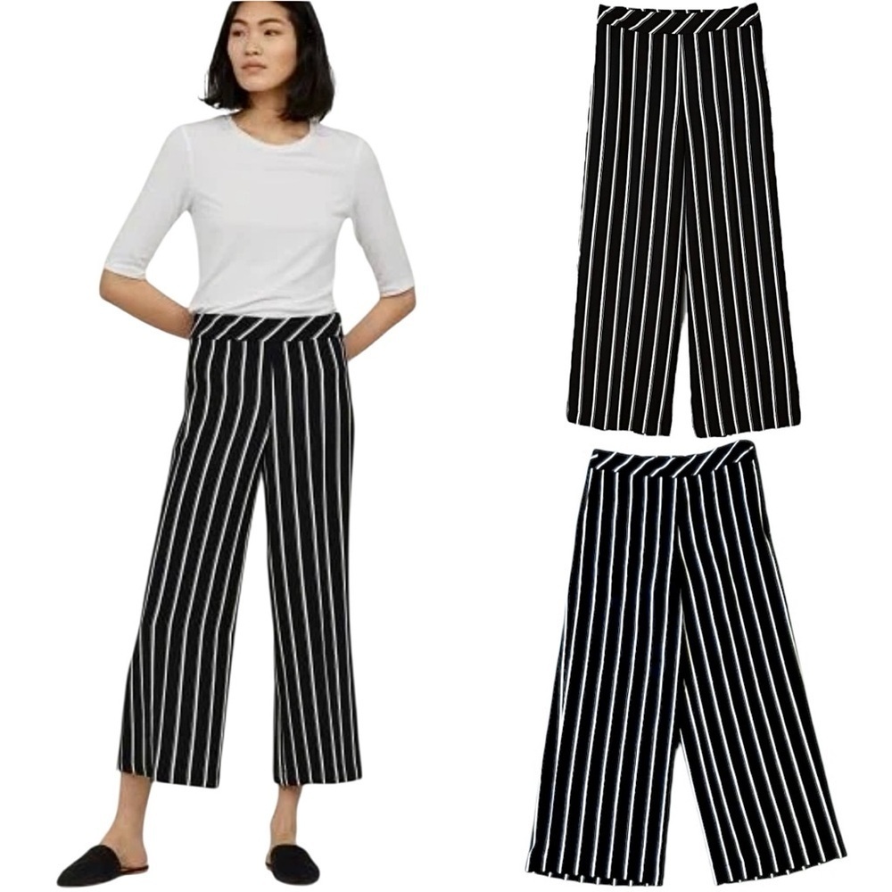H&M Black & White Striped Ankle Length Wide Straight Leg Pants Side Zip Size 14